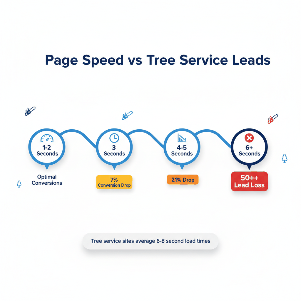 Page speed timeline showing 7% conversion drop per second delay for tree service websites