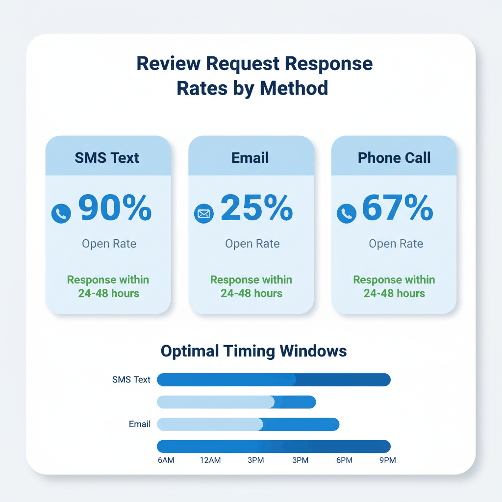 SMS text message review request response rates compared to email and phone - window installation customer reviews