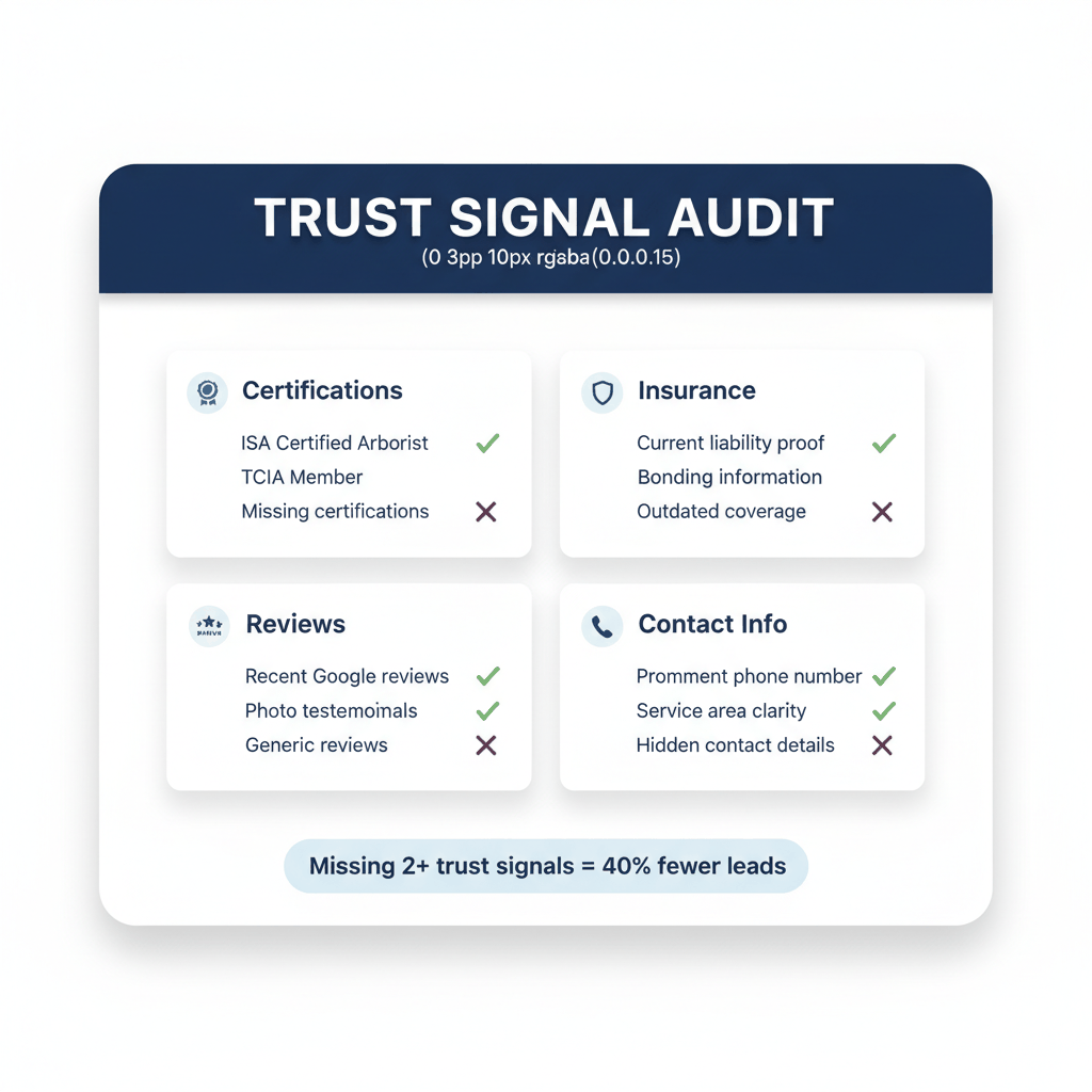 Trust signal audit checklist for tree service websites showing ISA certification, insurance, reviews, and contact requirements