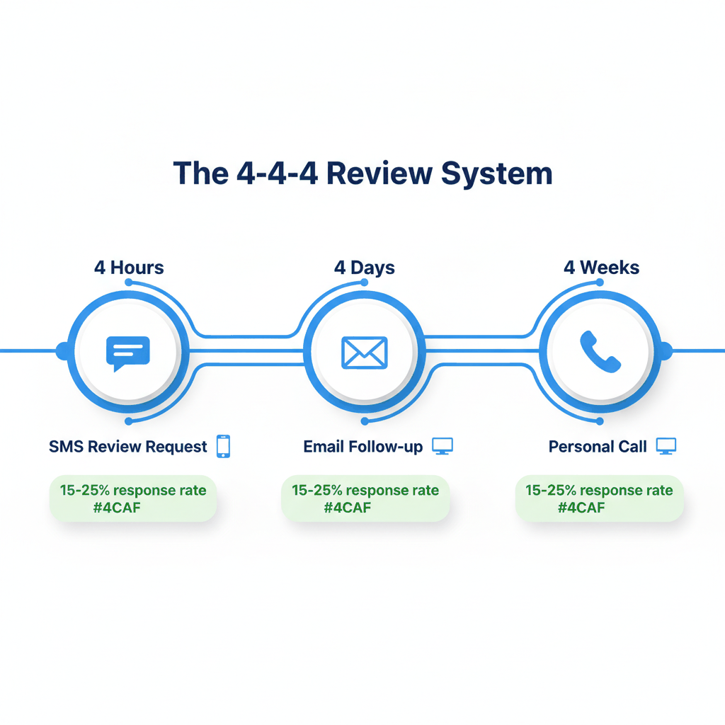 4-4-4 review system timeline showing 4 hours SMS, 4 days email, 4 weeks phone call process for window installers