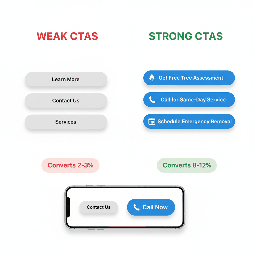 Tree service CTA comparison showing weak generic buttons vs strong action-oriented calls-to-action with conversion rates