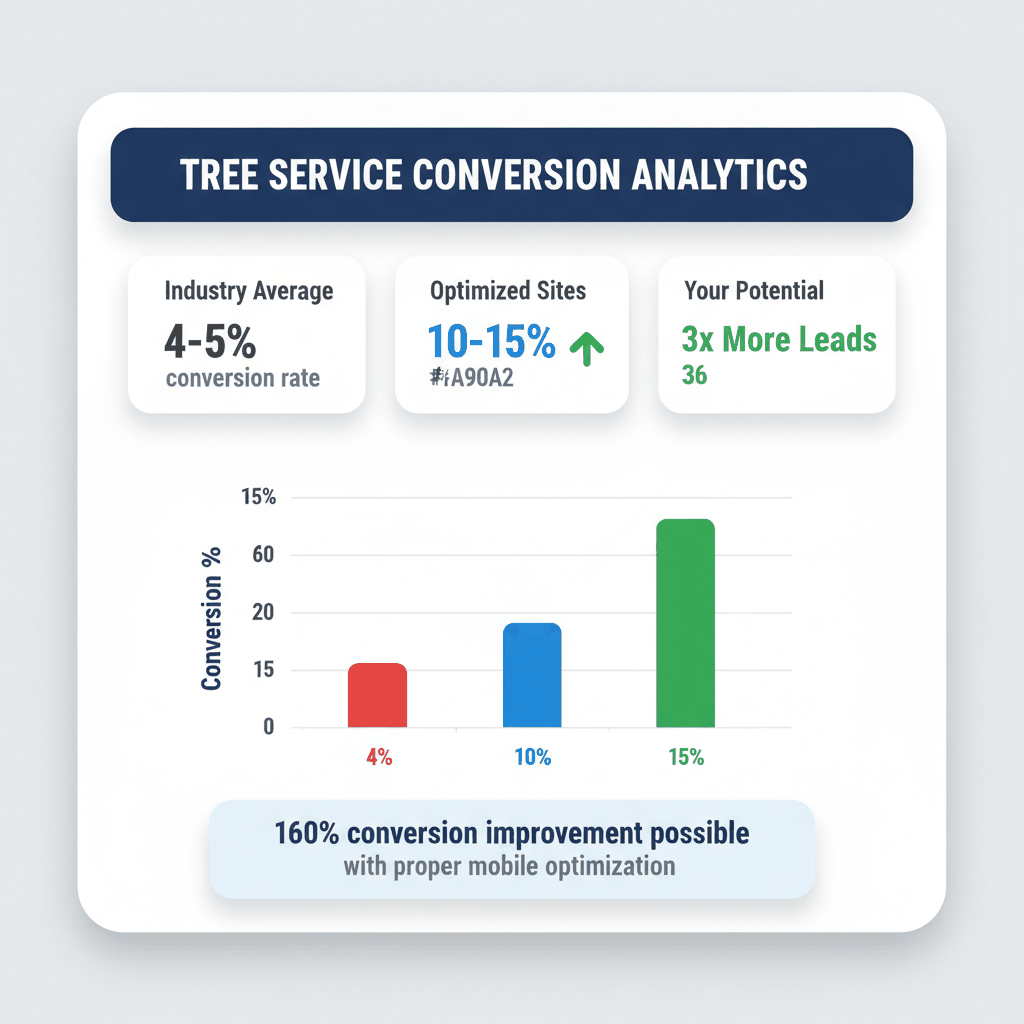 Tree service website conversion rate dashboard comparing 4-5% industry average vs 10-15% optimized performance