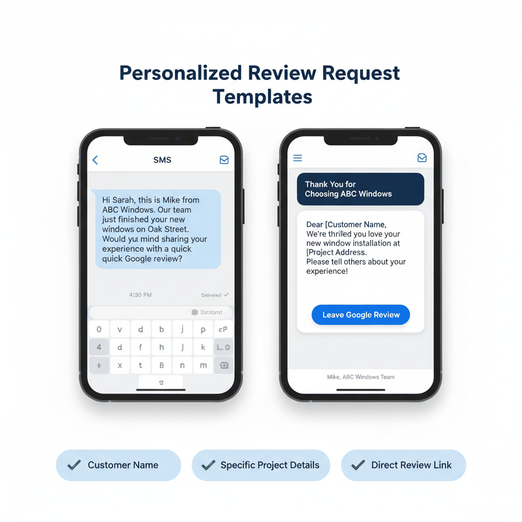 SMS and email review request template examples for window installation companies with personalization elements
