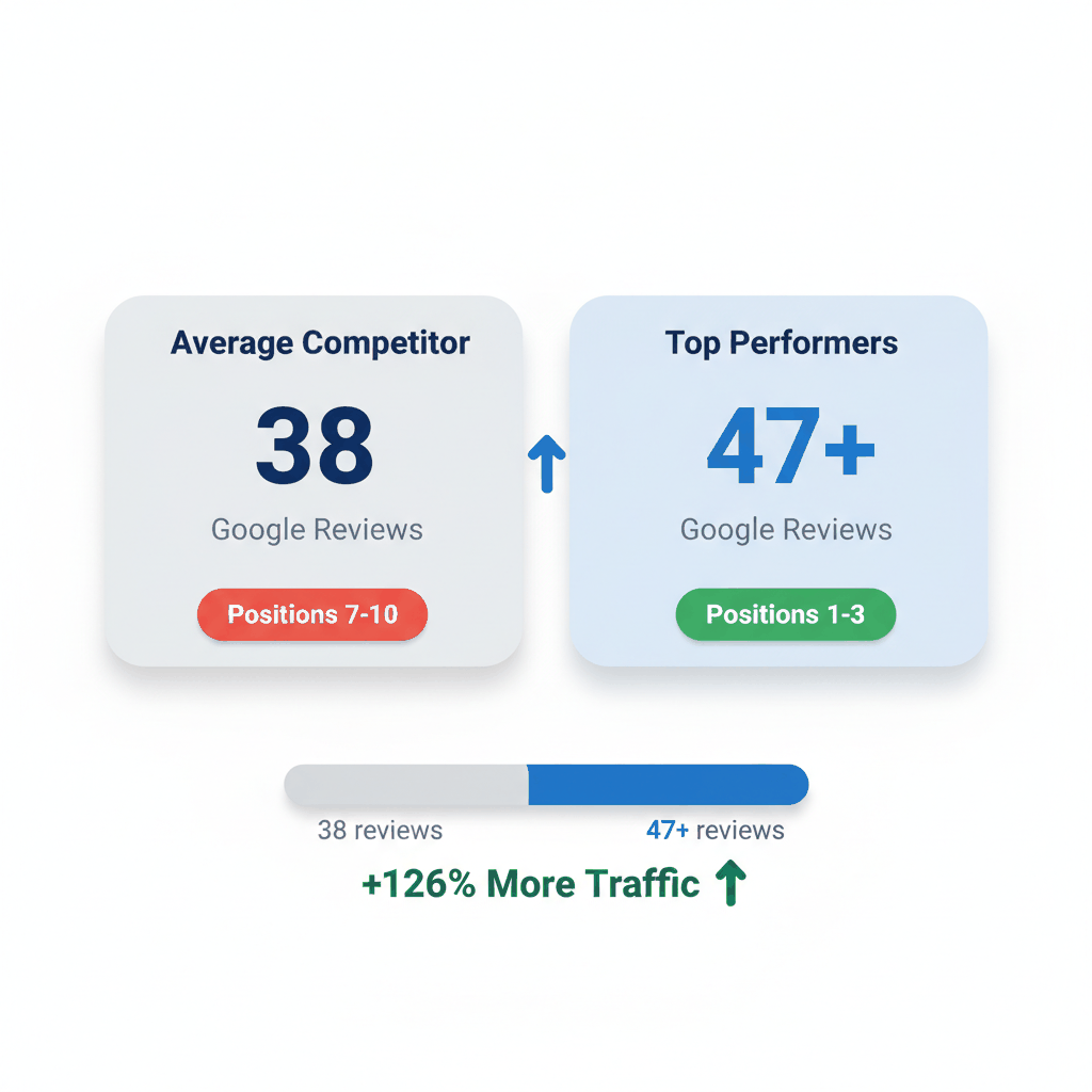 Google Business Profile review count comparison showing 47+ reviews for top ranking window installers vs 38 for lower positions