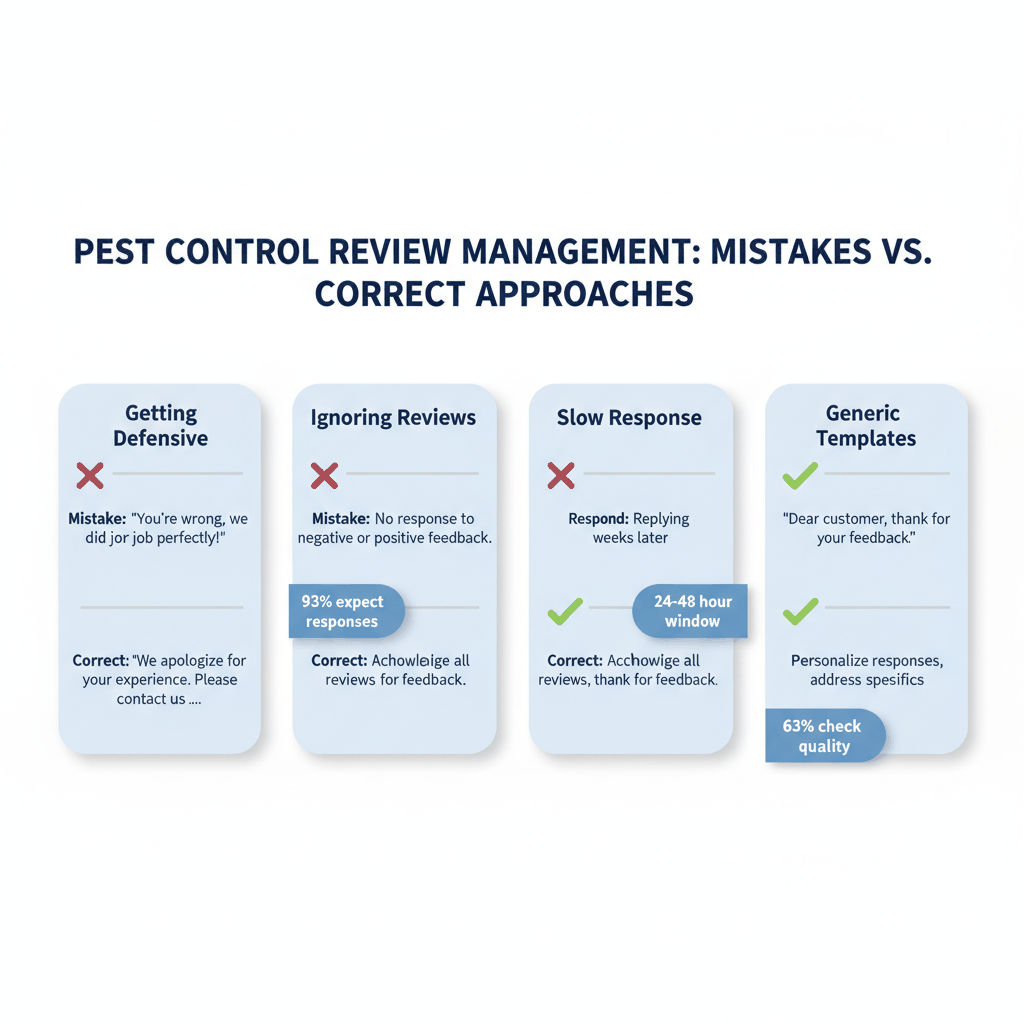 Comparison chart showing common pest control review mistakes versus professional response strategies