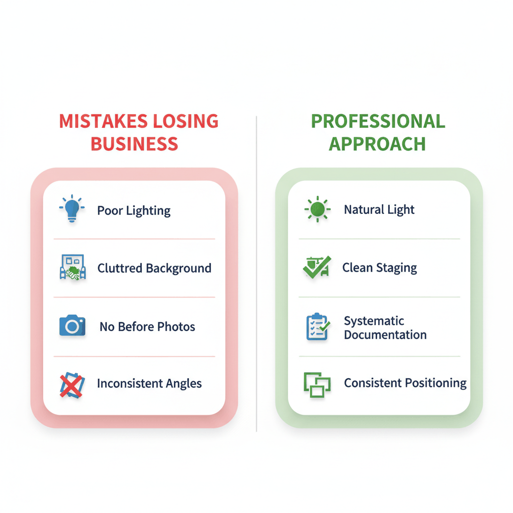 Common handyman photography mistakes comparison showing professional documentation techniques vs poor quality photos