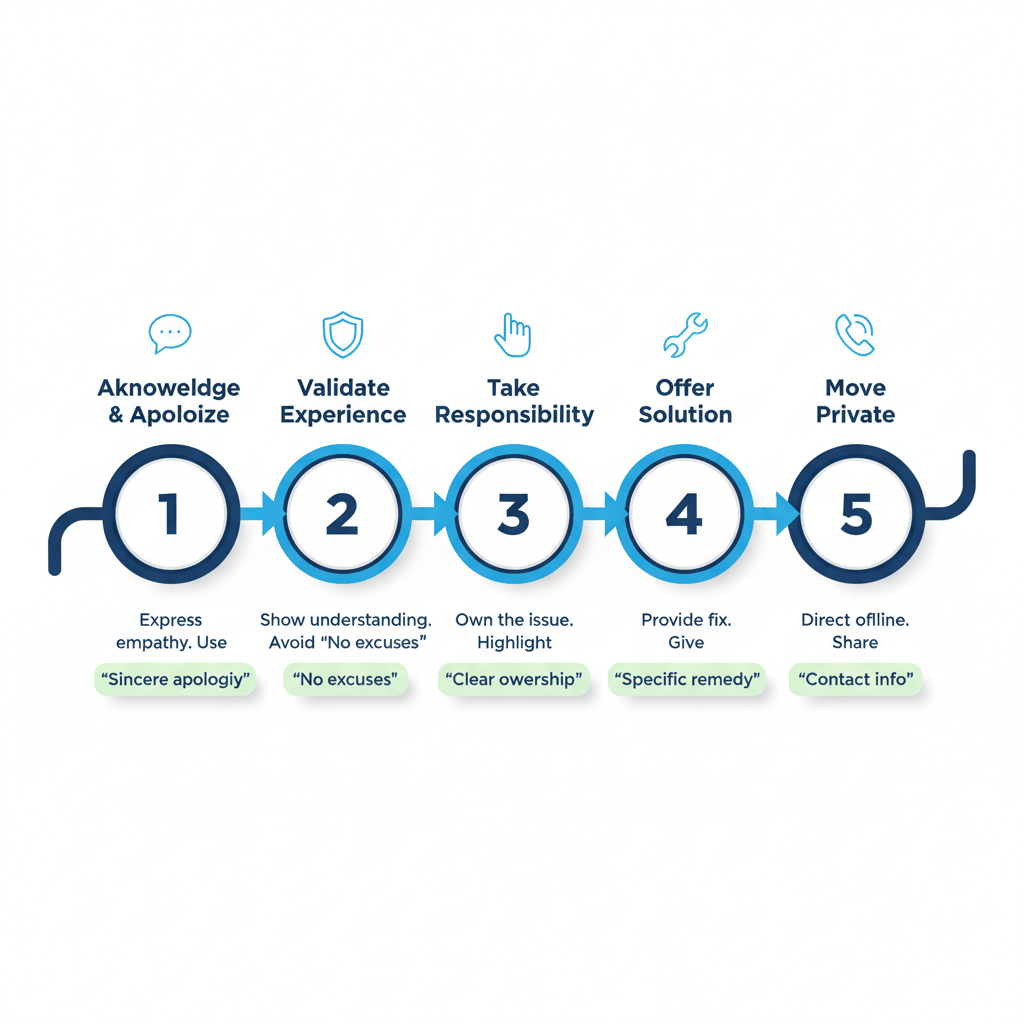 Five-step professional review response framework for pest control businesses showing acknowledge, validate, responsibility, solution, and private follow-up