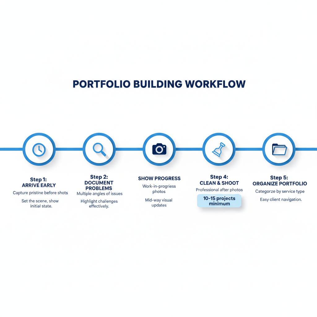 Professional handyman portfolio building workflow showing systematic before-after photo documentation process for contractors
