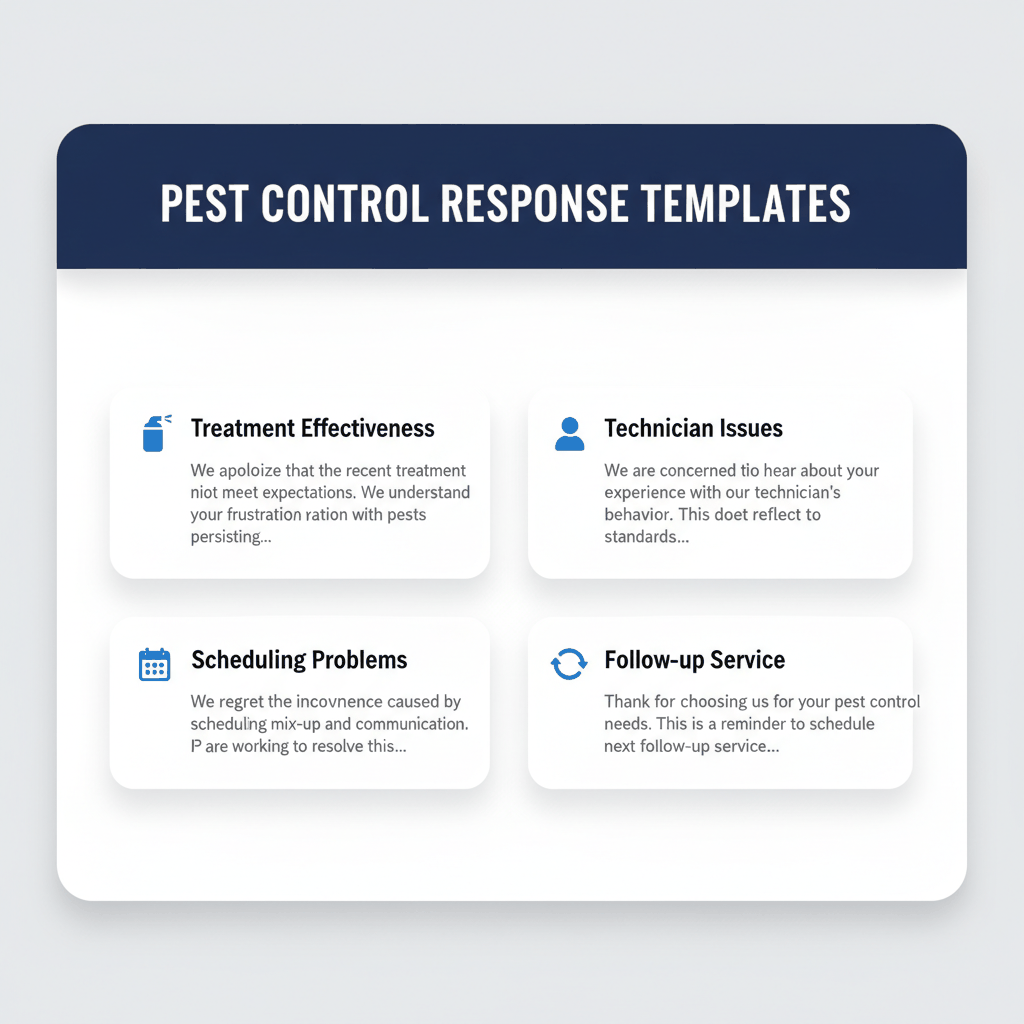 Dashboard interface showing categorized pest control review response templates for treatment, technician, scheduling, and follow-up issues