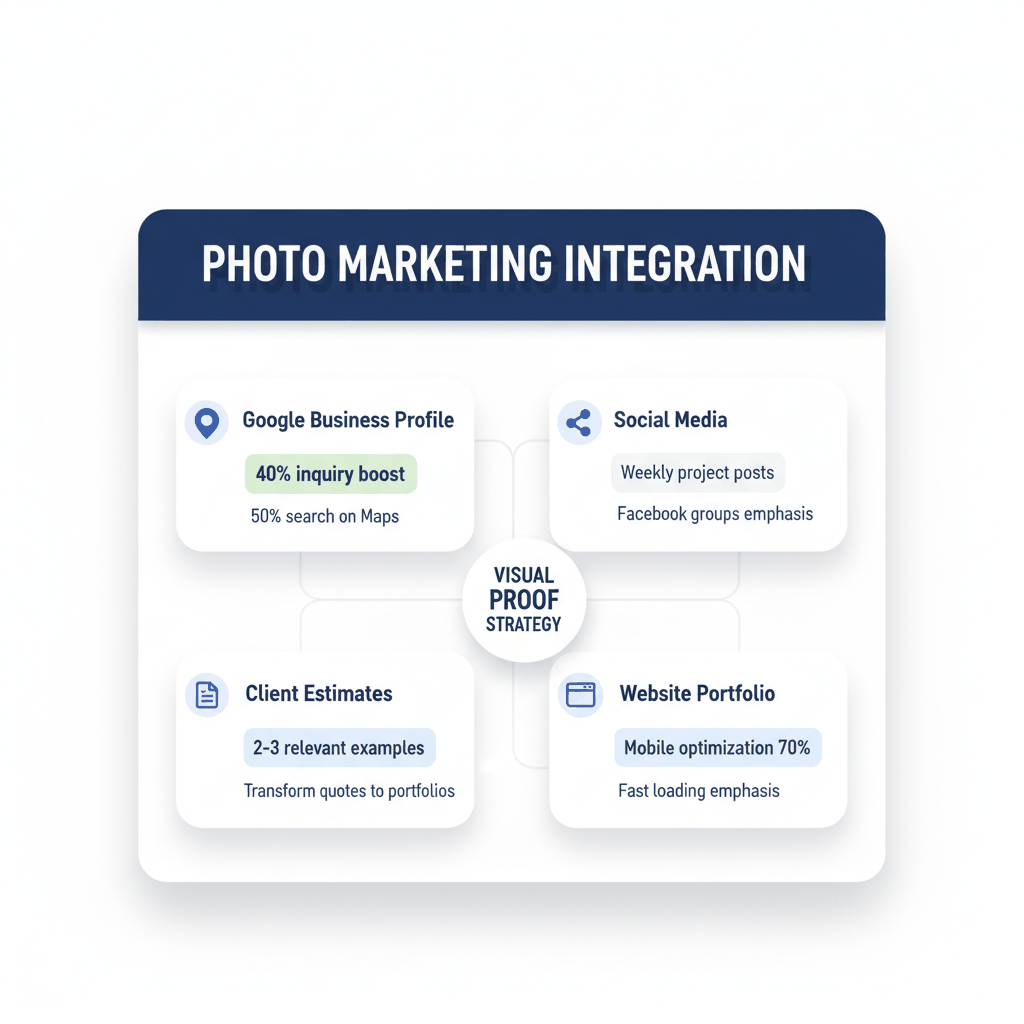 Handyman marketing integration dashboard showing how to use professional photos across Google Business, social media, and client estimates