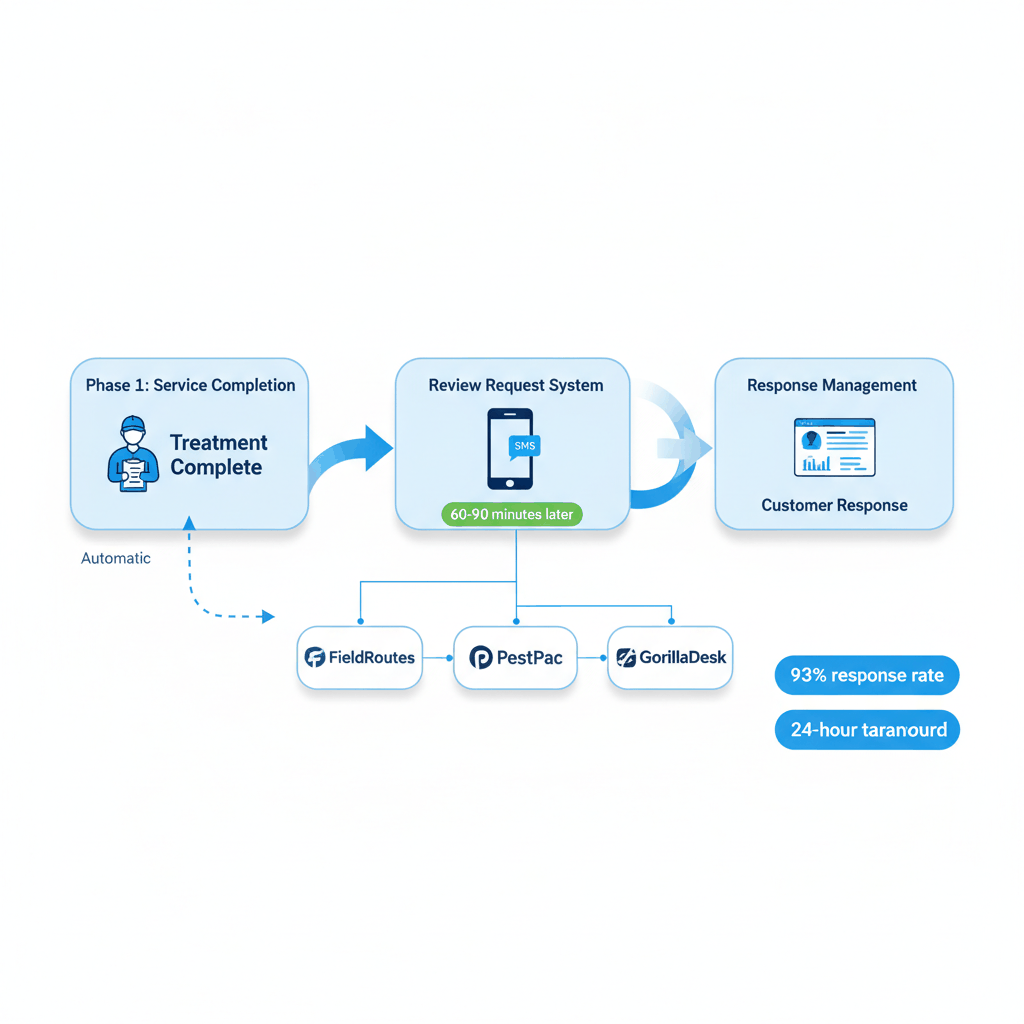 Automated workflow diagram showing pest control review management from service completion through software integration and response handling