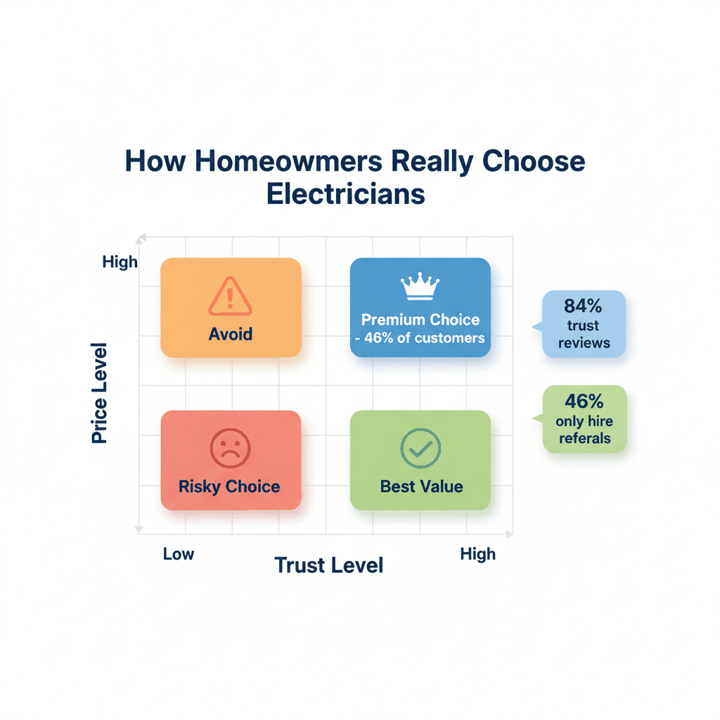 Trust versus price decision matrix showing how homeowners choose electricians based on psychology factors - electrical contractor pricing strategy