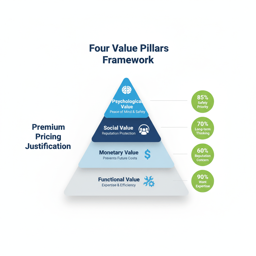 Value-based pricing pyramid framework for electricians showing four pillars that justify premium rates - electrical contractor business strategy