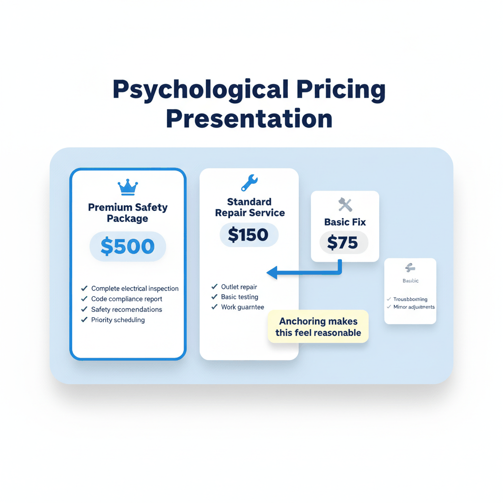 Anchoring effect pricing presentation example for electrician services showing premium to basic options - pricing psychology technique