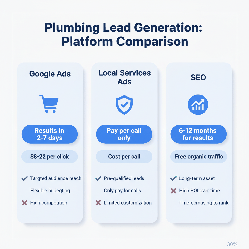 Google Ads vs Local Services Ads vs SEO comparison chart for plumbers - costs, benefits, and timeline comparison