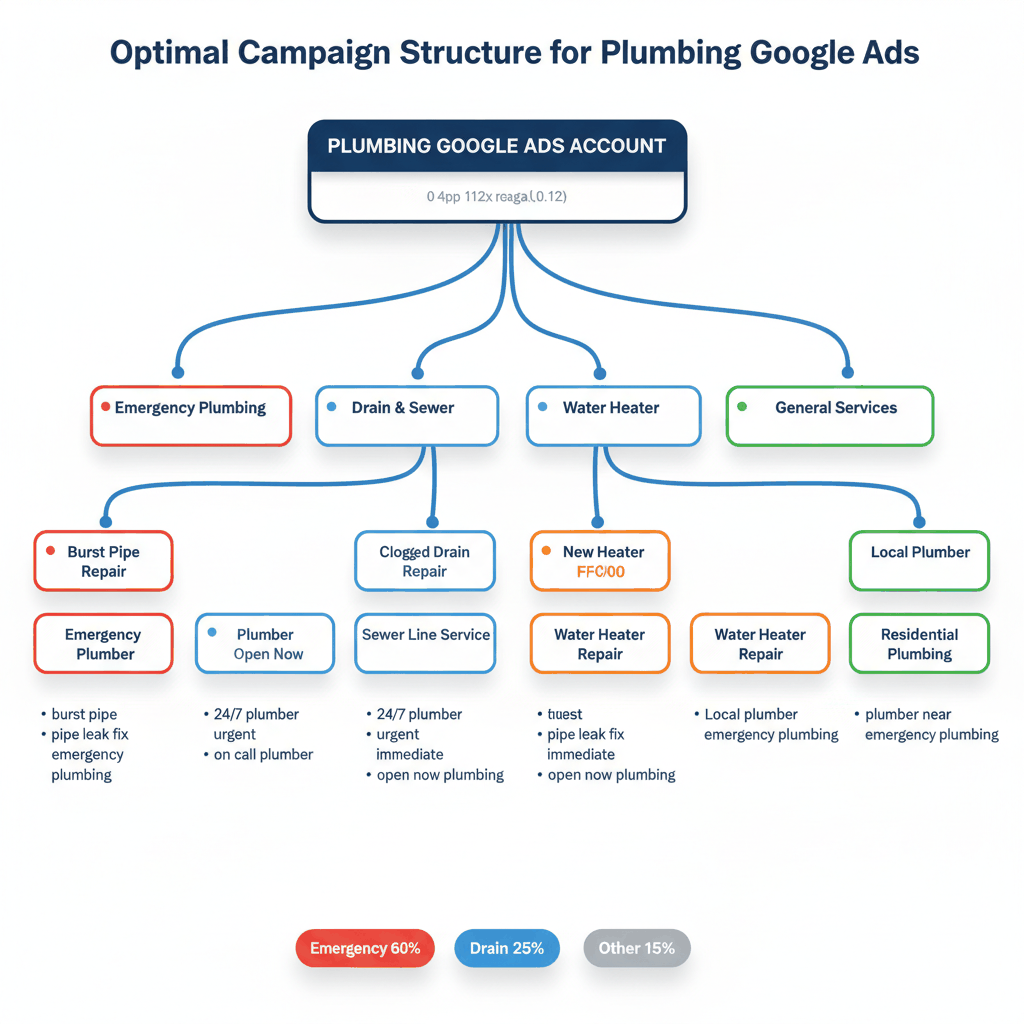 Plumbing Google Ads campaign structure diagram showing emergency, drain, water heater, and general service campaigns with budget allocation