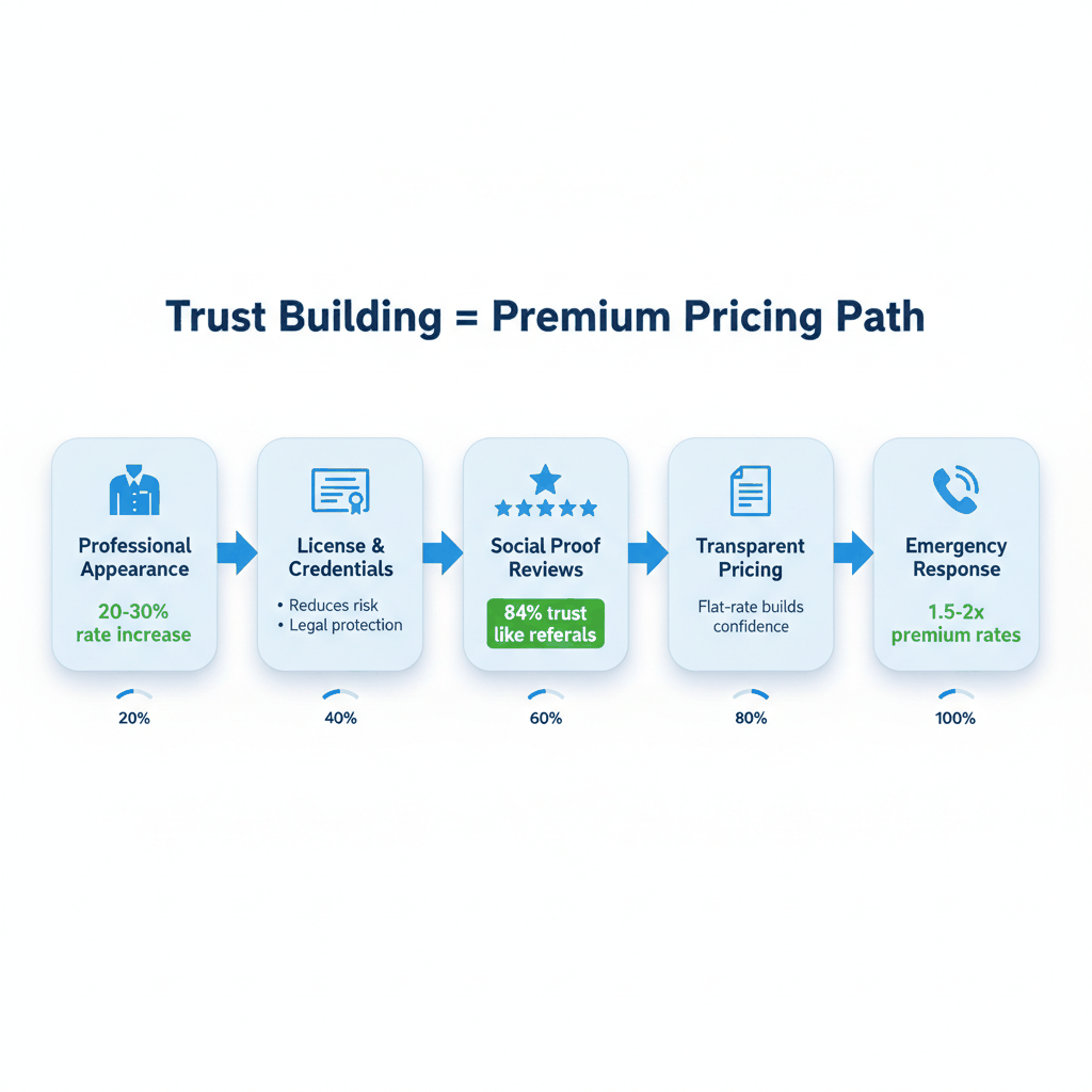 Trust building factors hierarchy diagram showing progression from appearance to premium pricing for electricians - customer psychology