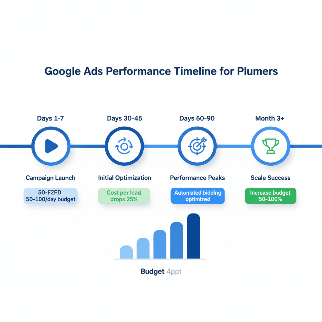 Google Ads budget and bidding timeline for plumbers showing 90-day optimization process and budget scaling strategy