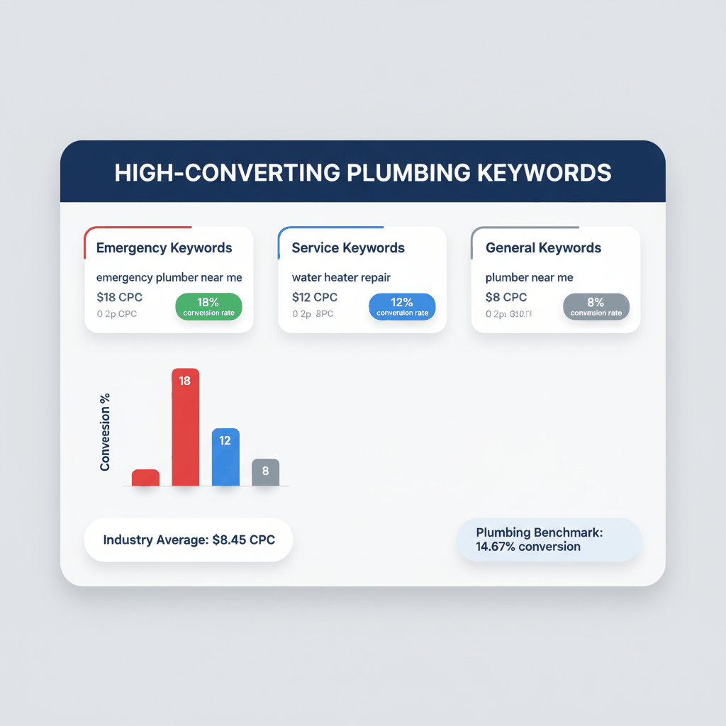 High-converting plumbing keywords dashboard showing emergency, service, and general keyword costs and conversion rates for Google Ads