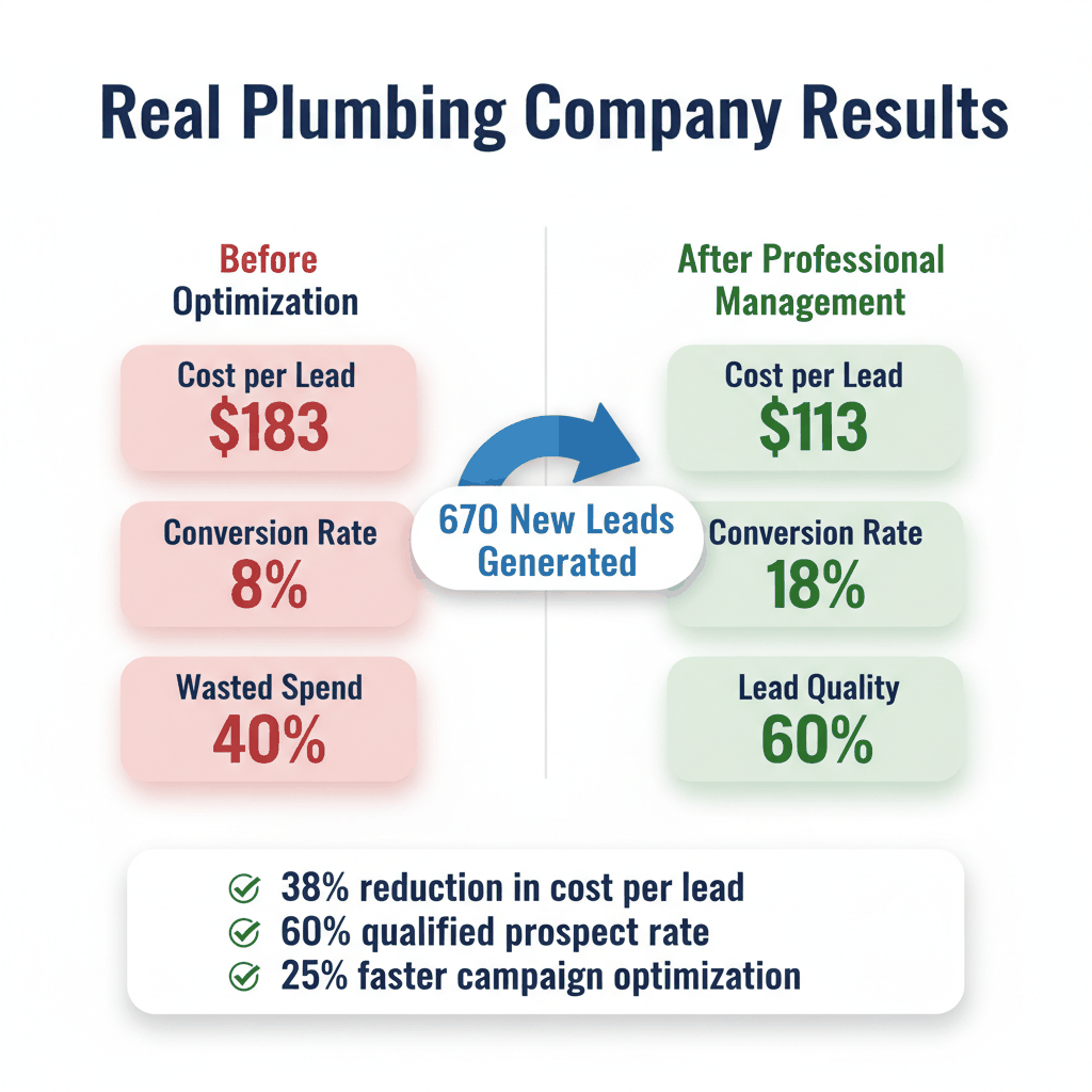 Plumbing Google Ads before and after optimization results showing cost per lead reduction and conversion improvements