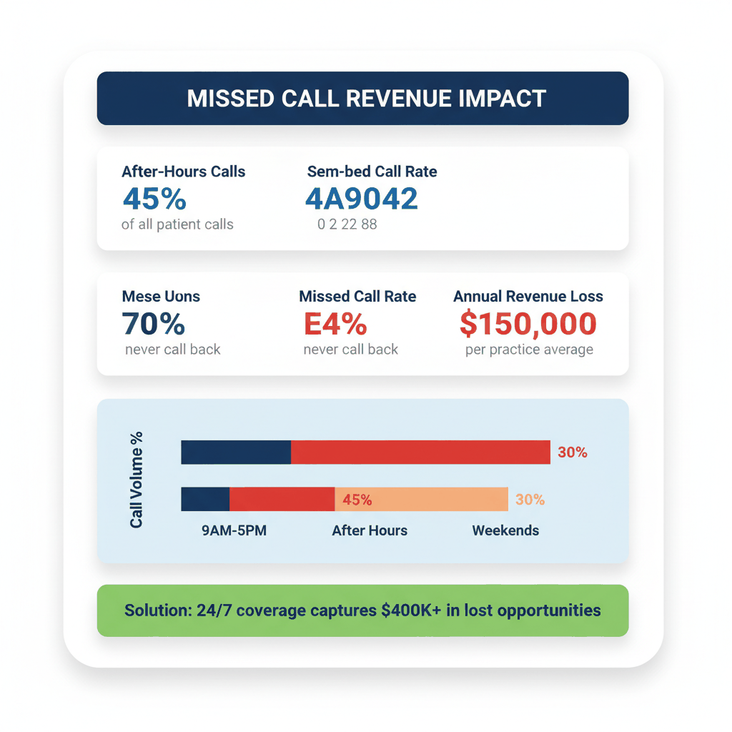 Dental practice call statistics showing 45% after-hours calls and $150,000 annual revenue loss from missed calls
