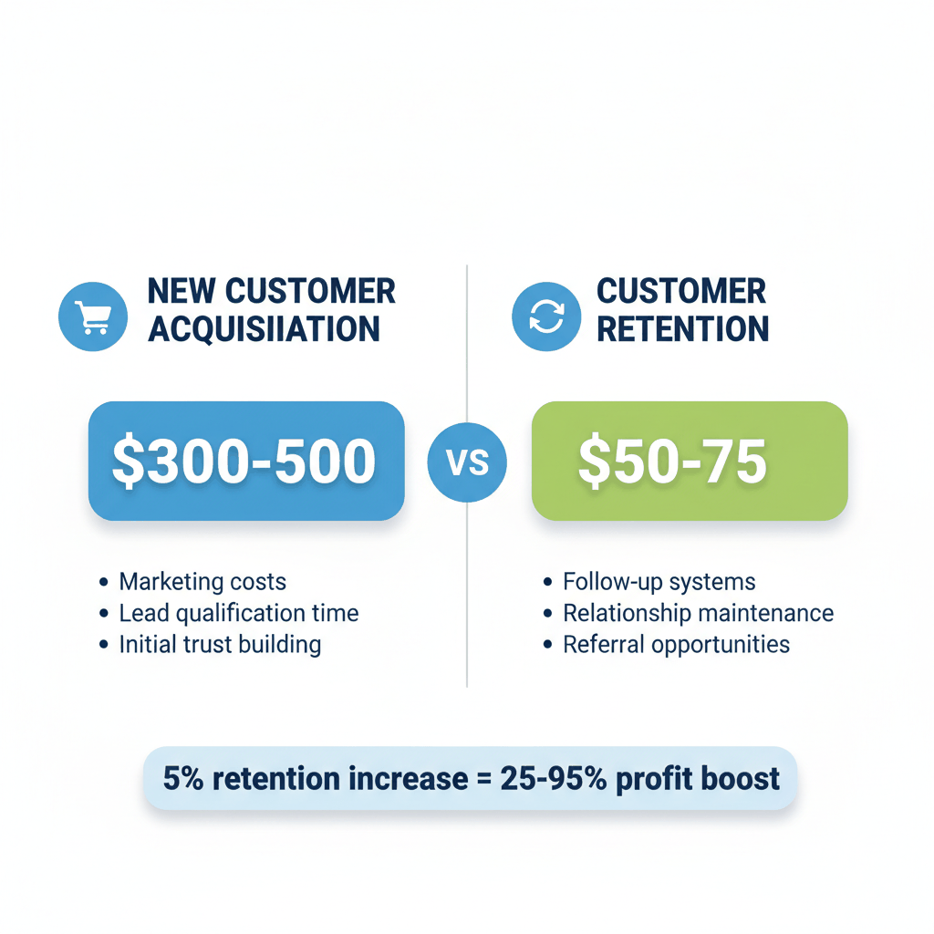 Cost comparison infographic showing new customer acquisition ($300-500) versus customer retention ($50-75) for painting contractors