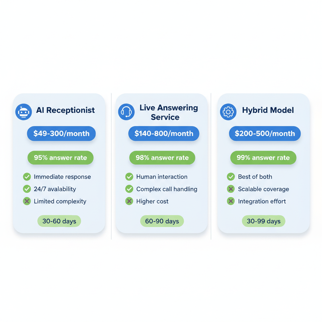 Comparison of dental office phone coverage solutions - AI receptionist vs live answering service vs hybrid model with costs and benefits