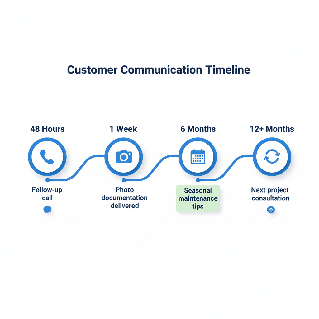 Customer communication timeline showing systematic follow-up schedule from 48 hours to 12+ months for painting contractors
