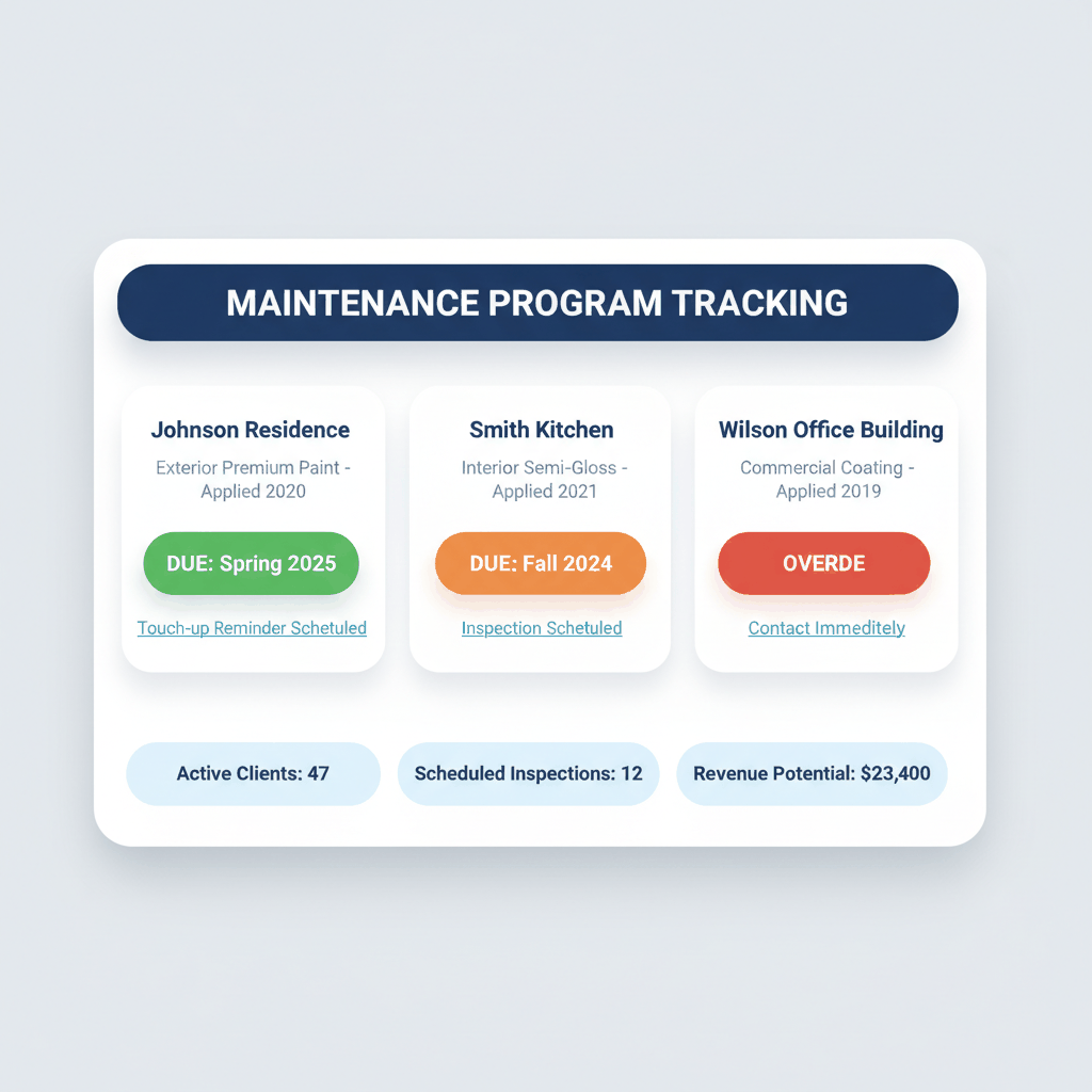 Maintenance program tracking dashboard showing customer paint schedules and follow-up timing for systematic retention