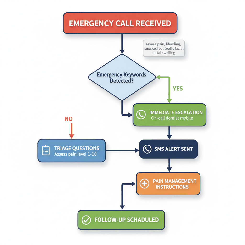 Dental emergency call routing flowchart showing escalation protocols and triage process for after-hours care