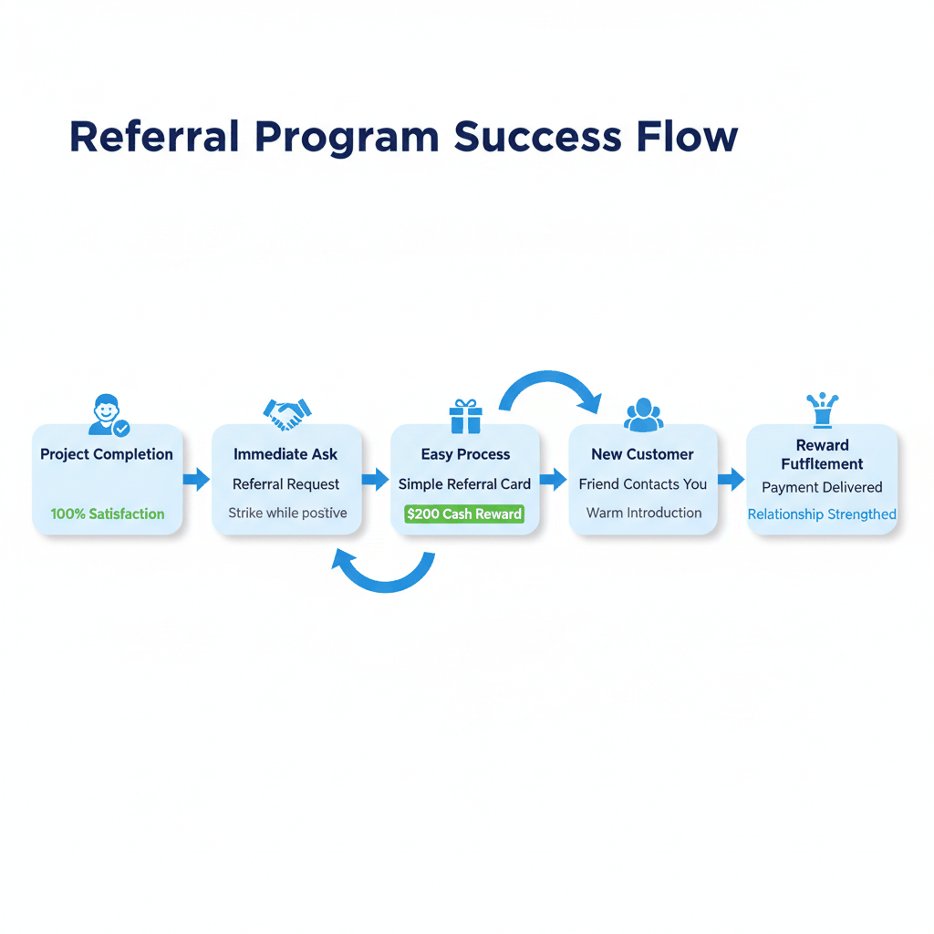 Referral program conversion flow showing 5 stages from project completion to reward fulfillment for painting contractors
