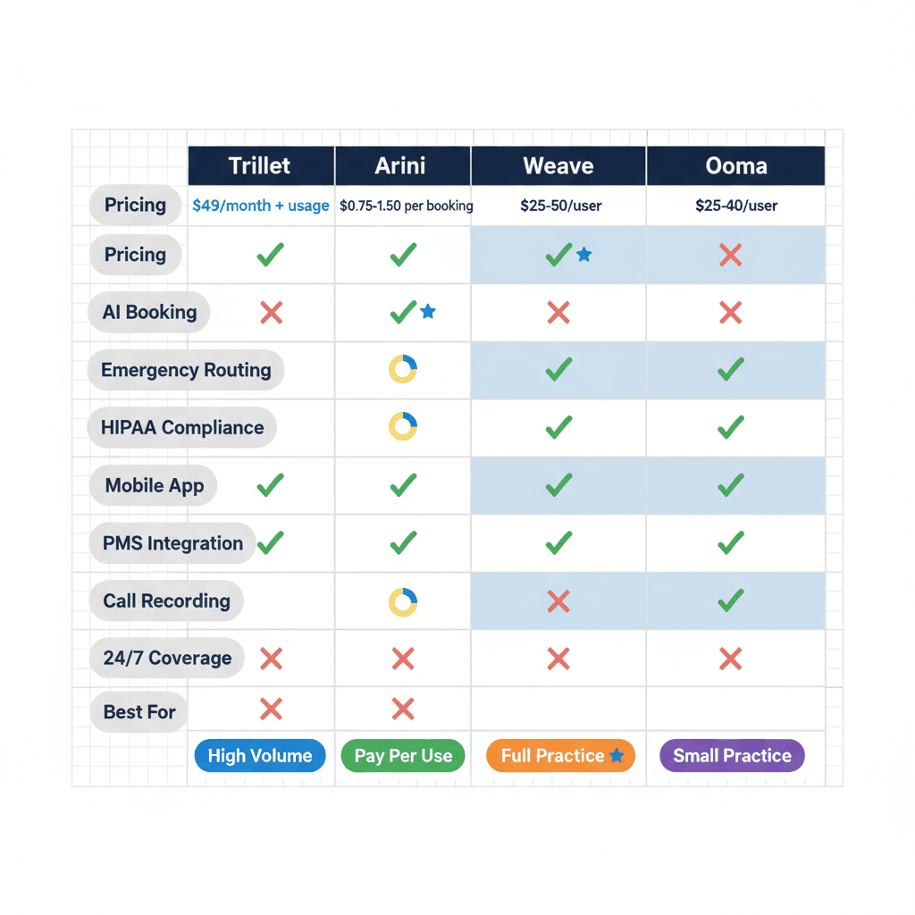 Dental phone system platform comparison matrix showing Trillet, Arini, Weave, and Ooma features and pricing