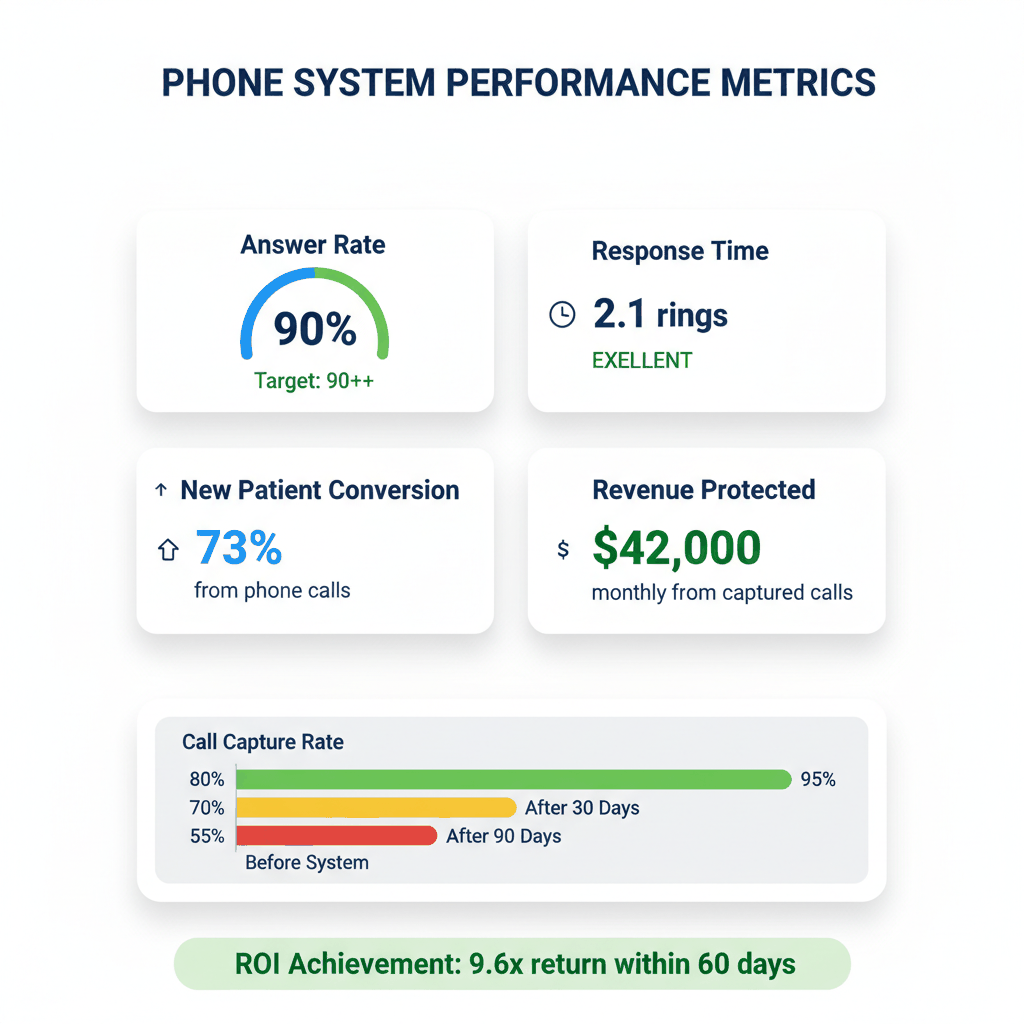 Dental practice phone system performance metrics showing 90% answer rate and $42,000 monthly revenue protection