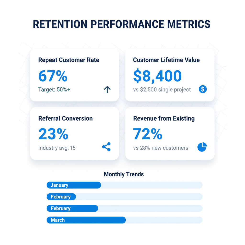 Customer retention metrics dashboard showing repeat customer rate, lifetime value, and referral conversion statistics for painting contractors