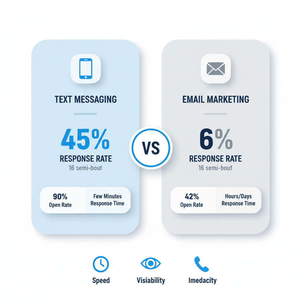SMS vs email response rate comparison showing 45% text messaging response vs 6% email response for flooring customer follow-up