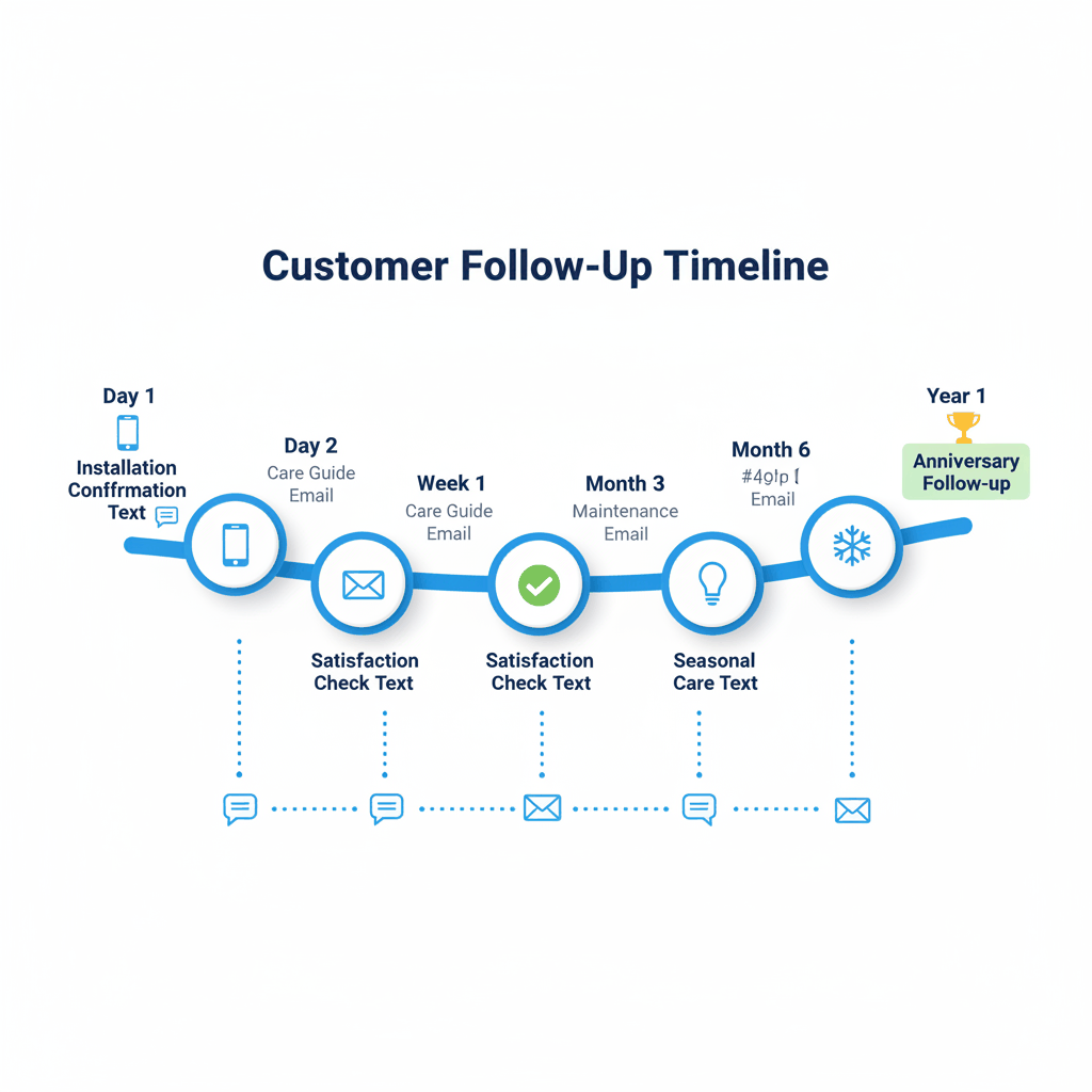 Flooring customer follow-up timeline showing 6-step communication sequence from installation day through one-year anniversary