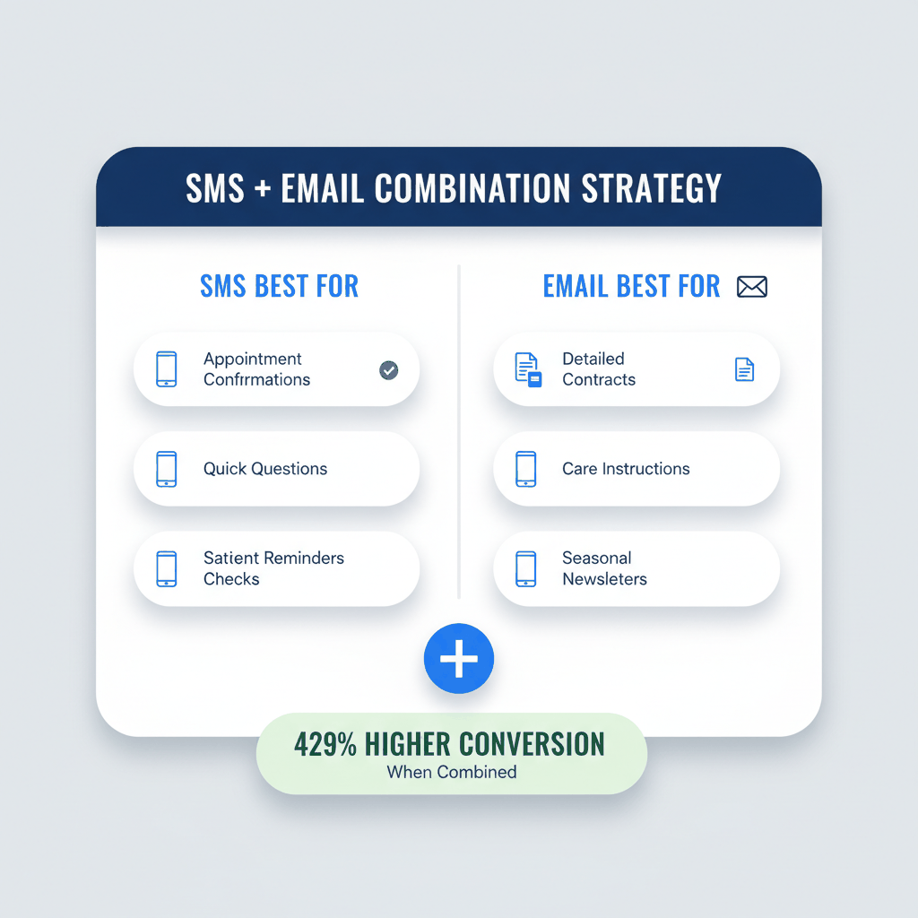 Multi-channel communication strategy showing best uses for SMS vs email with 429% higher conversion rate when combined