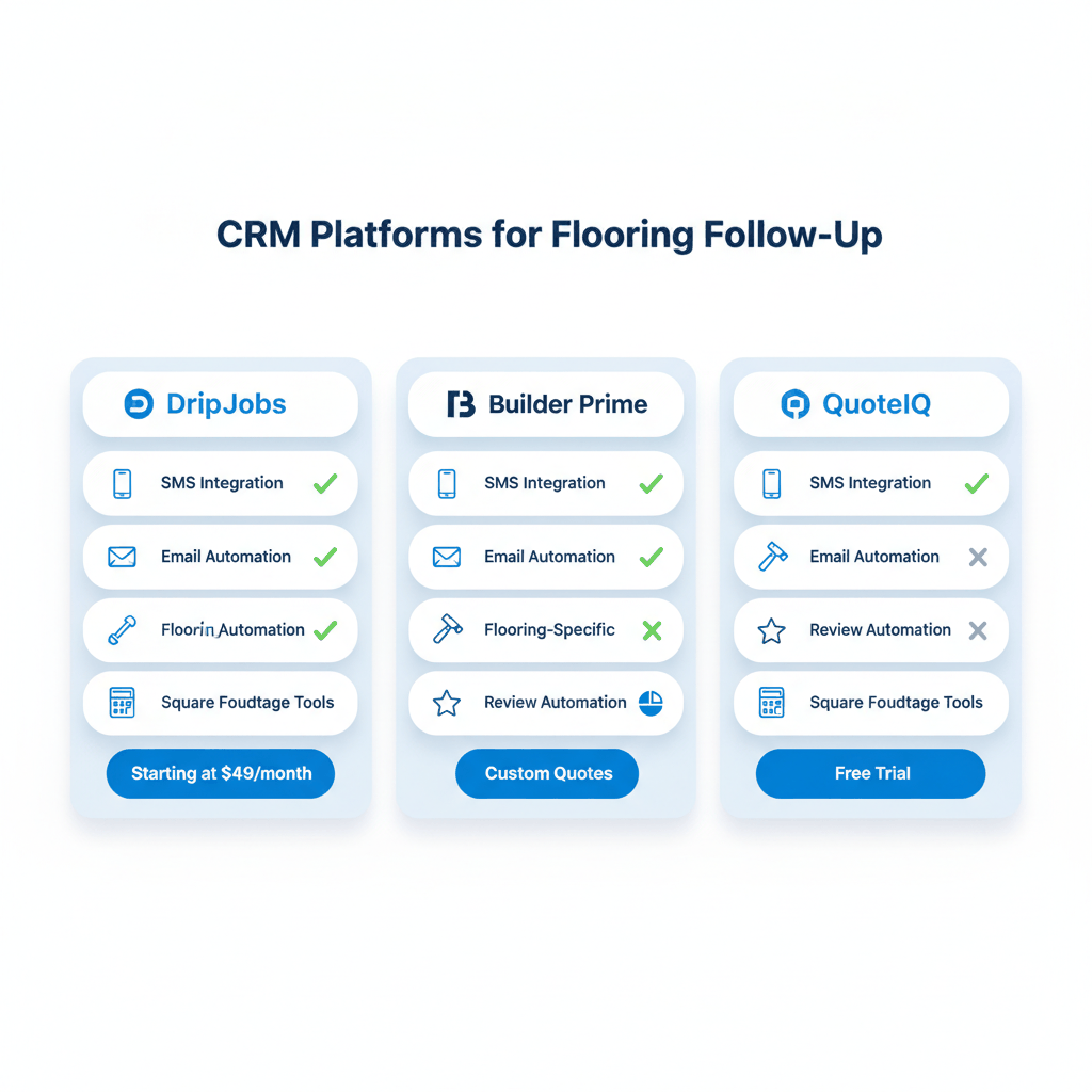 CRM platform comparison for flooring contractors showing DripJobs, Builder Prime, and QuoteIQ features for customer follow-up