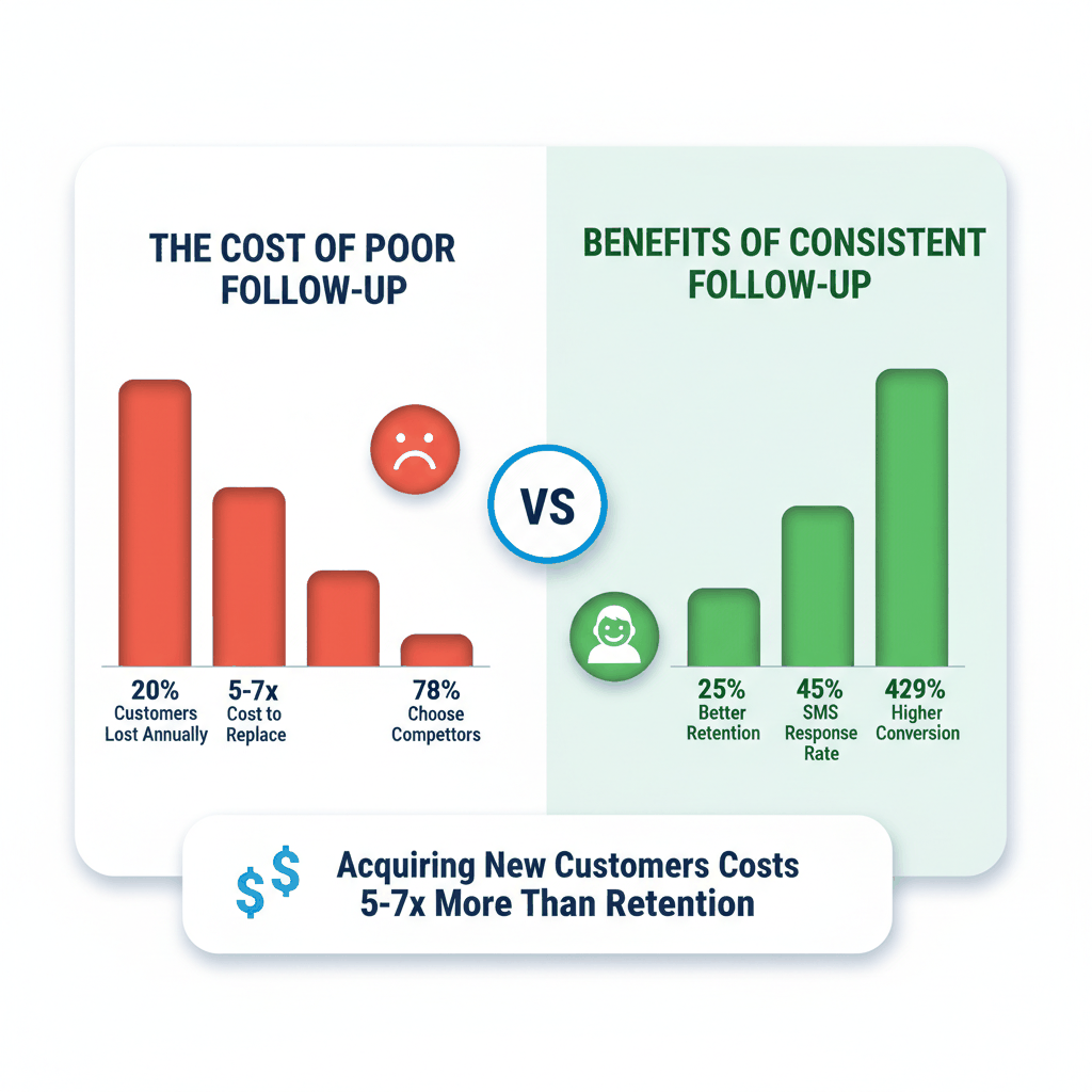 Customer retention metrics showing cost of poor follow-up vs benefits of consistent communication for flooring businesses