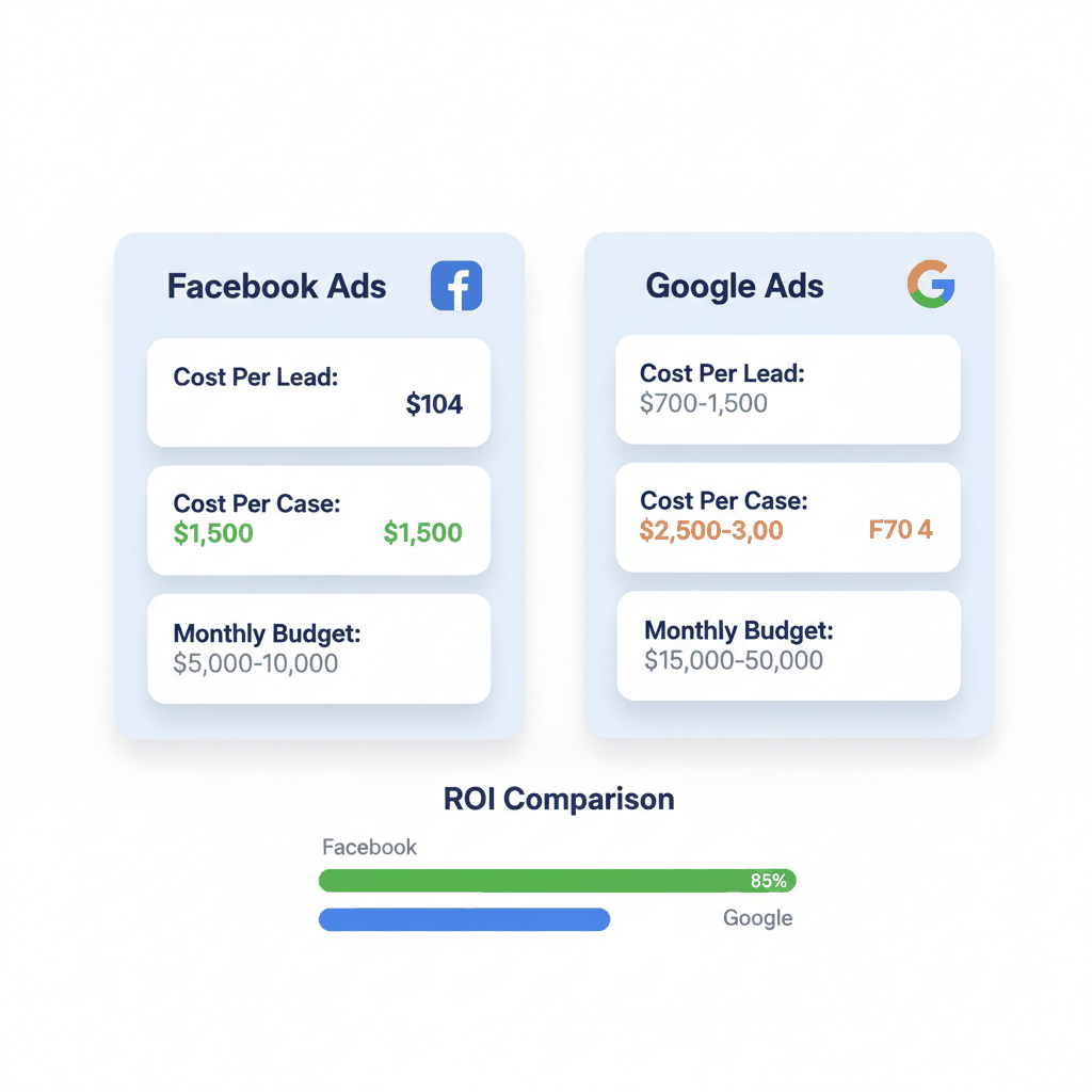 Facebook vs Google Ads cost comparison dashboard for MVA attorney advertising platforms showing budget requirements and ROI metrics
