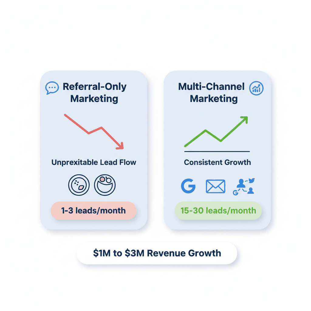 Comparison chart showing referral-only marketing versus multi-channel marketing lead generation results for tree service companies