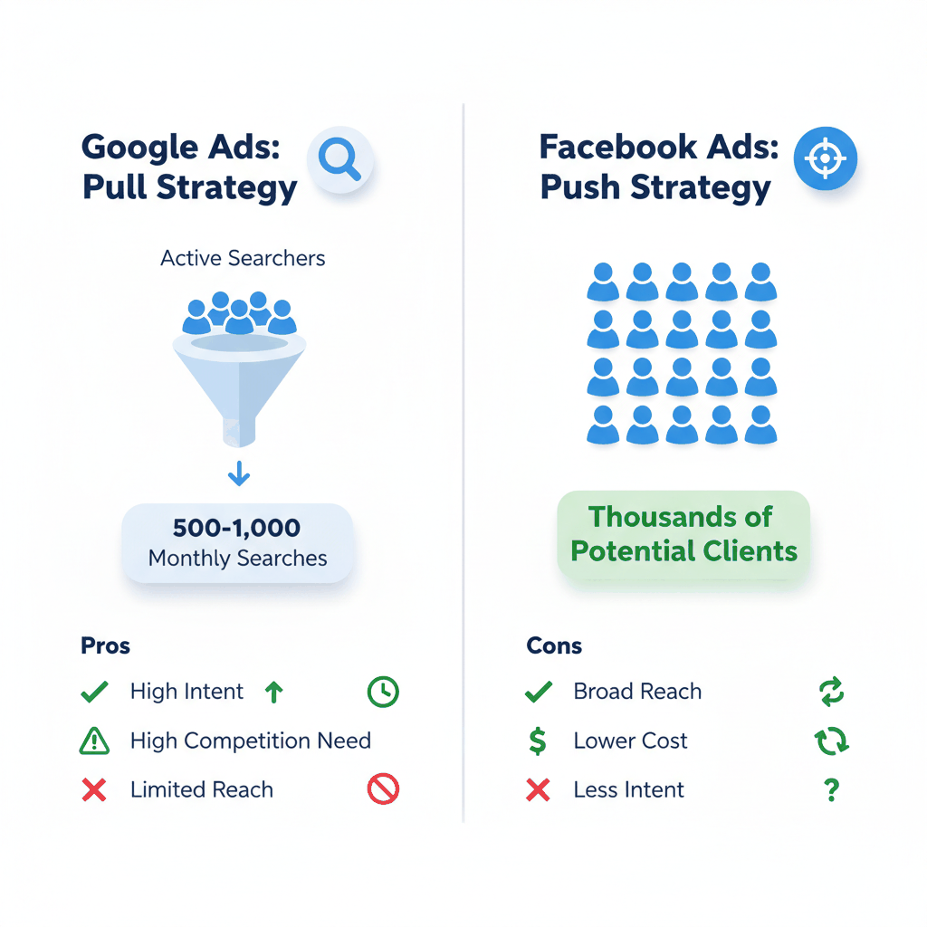 Google Ads pull strategy vs Facebook Ads push strategy audience targeting comparison for MVA attorney marketing