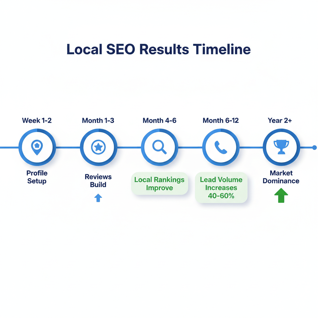 Timeline infographic showing local SEO results progression for tree service companies from setup through market dominance