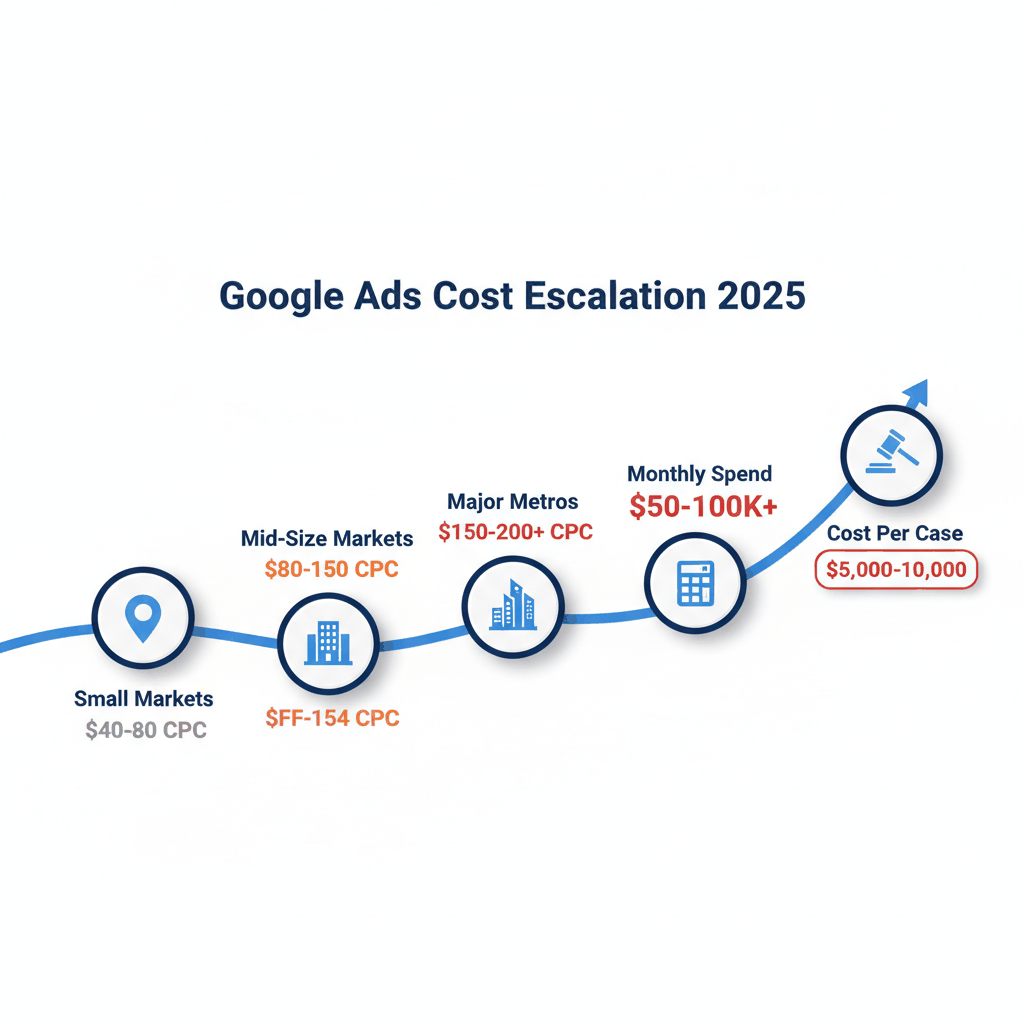 Google Ads cost escalation timeline for MVA attorneys showing rising CPC and case acquisition costs by market size