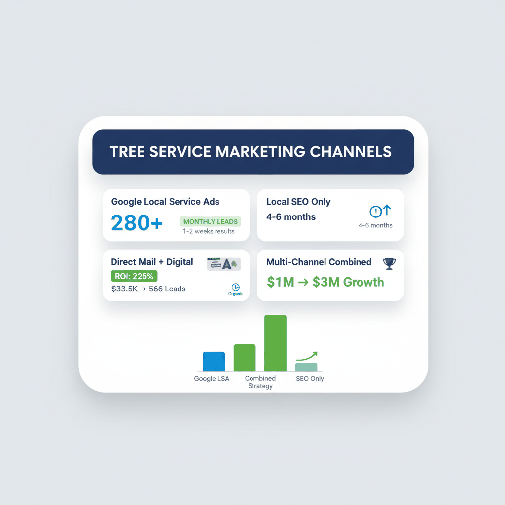 Marketing channel performance dashboard showing lead generation results and ROI for different tree service marketing strategies