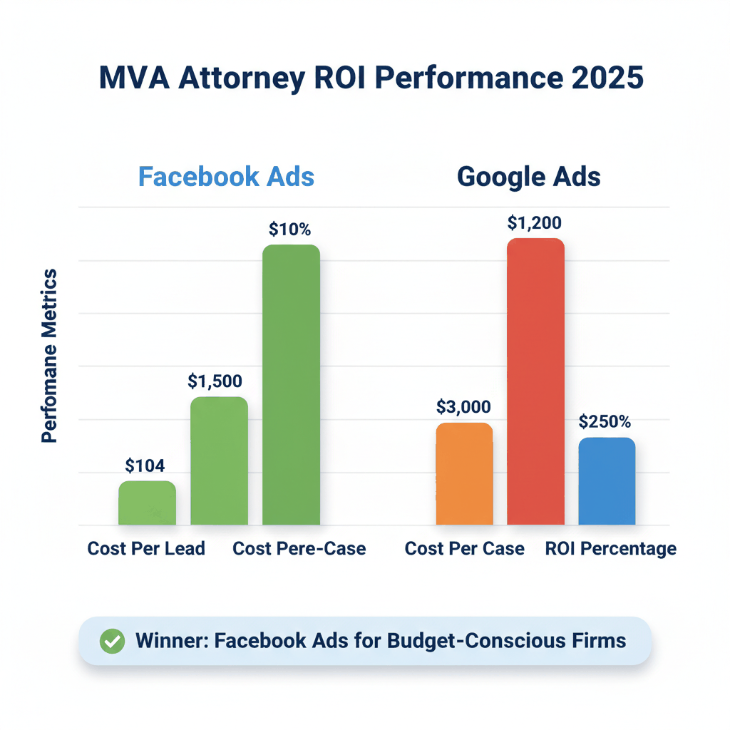 Facebook vs Google Ads ROI performance comparison chart showing cost per lead, cost per case, and ROI percentages for MVA attorneys