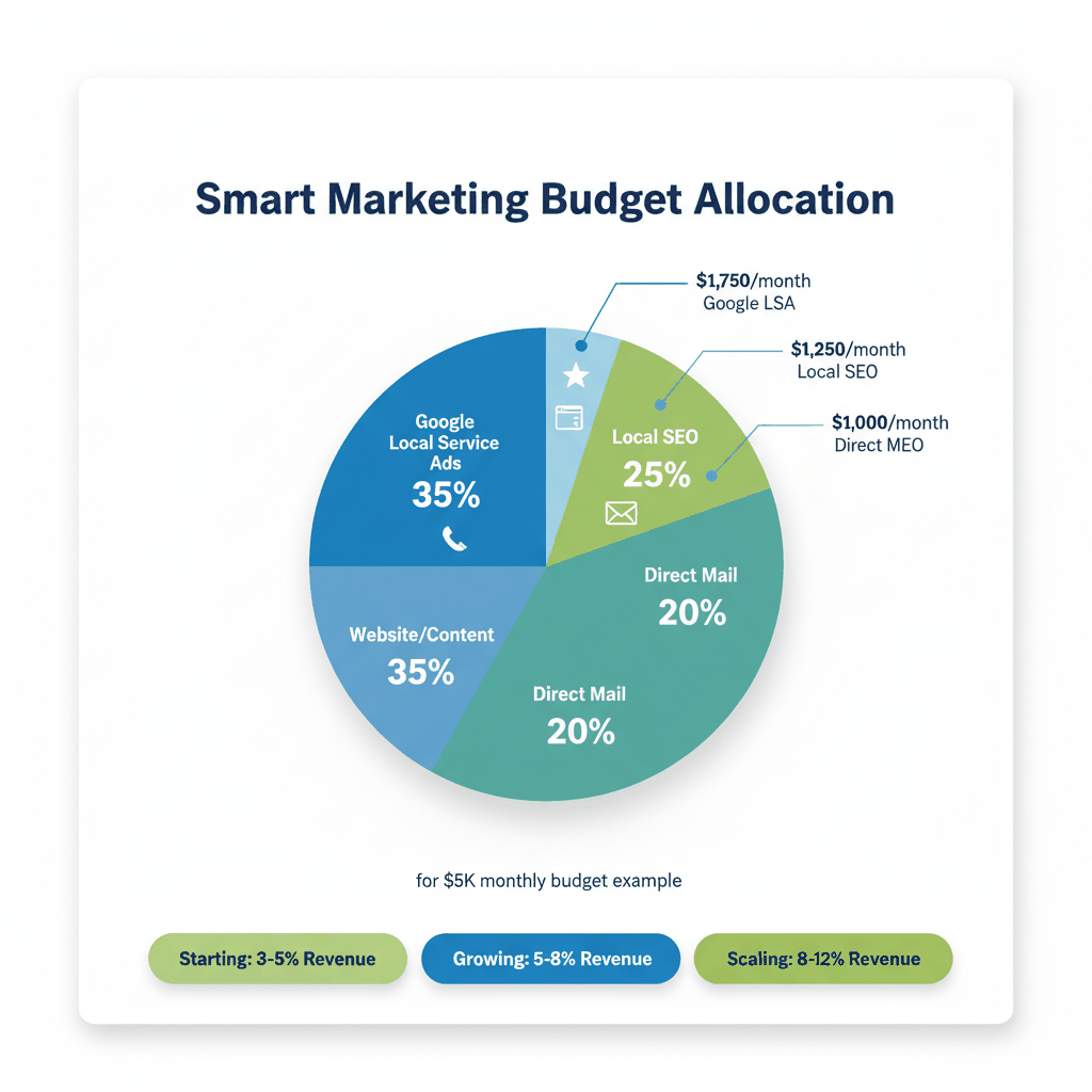 Pie chart showing recommended marketing budget allocation across channels for tree service companies at different growth stages