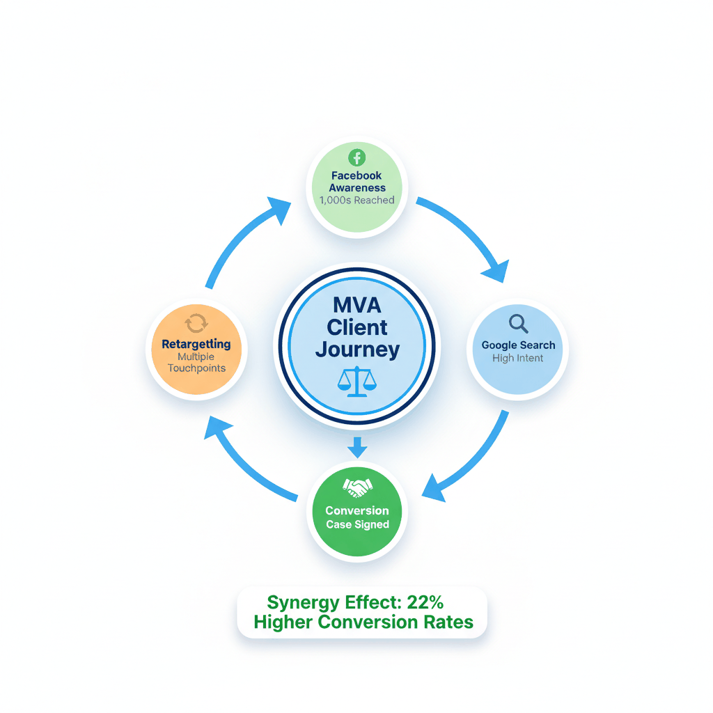 Multi-channel MVA attorney advertising strategy showing Facebook and Google Ads integration workflow and client journey