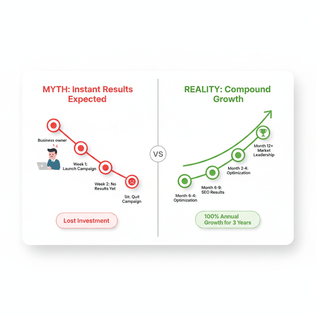 Timeline comparison showing marketing myths versus reality of results timeframes for tree service lead generation campaigns