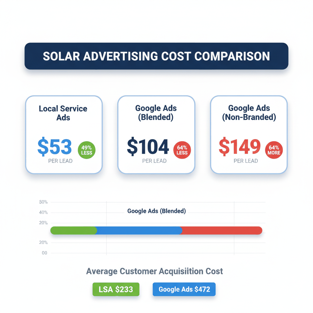 Solar advertising cost comparison showing Local Service Ads at $53 per lead vs Google Ads at $104-149 per lead